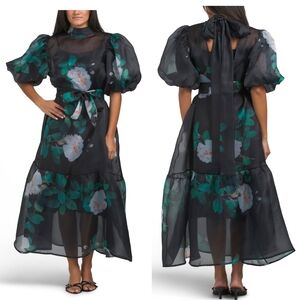 🖤🔹️Nancy Yang 🔹️Elegant Black Puff Sleeve Floral Dress